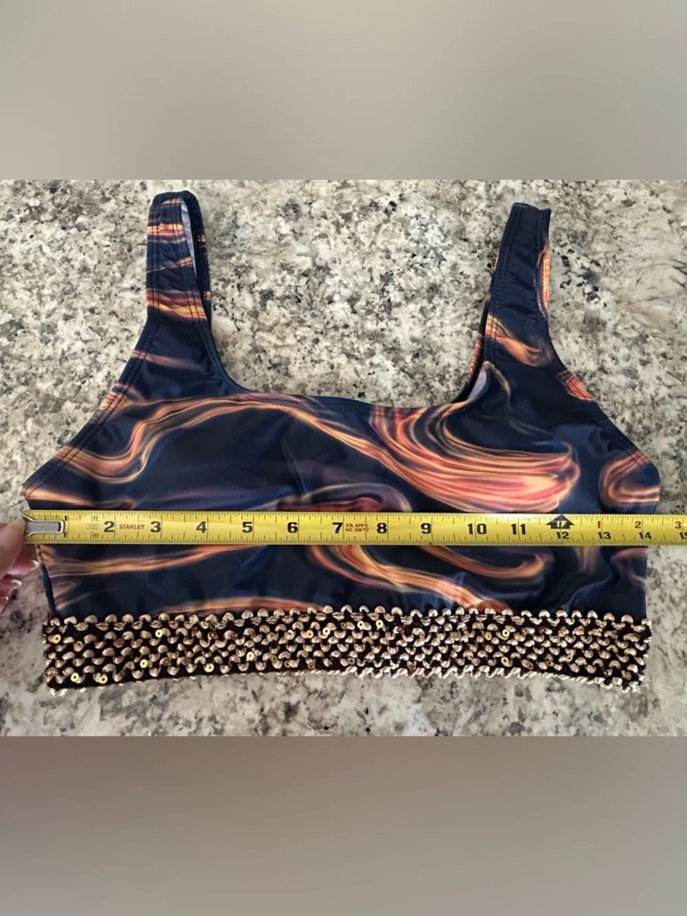 NWOT 2Pc Swimsuit Bikini Navy Orange Swirl Textured Gold Sequin Trim Size M - Picture 11 of 12